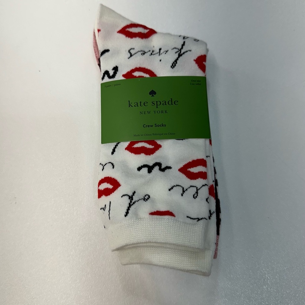 Kate Spade 3 Pack Crew Socks Kisses Glitter Stripes Pink Black White